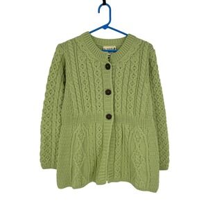 NEW‎ Aran Woollen Mills Sage Green 100% Merino Wool Cable Knit Cardigan Irish S